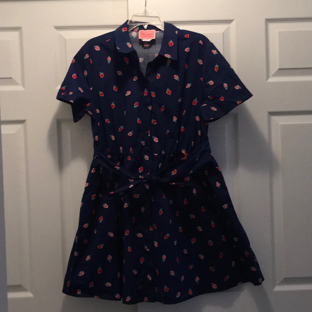 kate spade navy dress with red and pink strawberry print